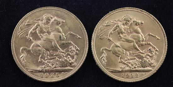 Two George V gold full sovereigns, 1912 & 1925.